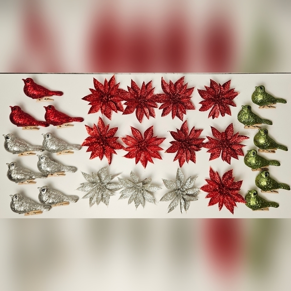 Christmas Glitter Bird Poinsettia Clip Ornaments 30 Piece Red Green Silver Set